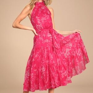 Lulus Float To You Hot Pink Floral Print Halter-neck Tiered Midi Dress - Size S
